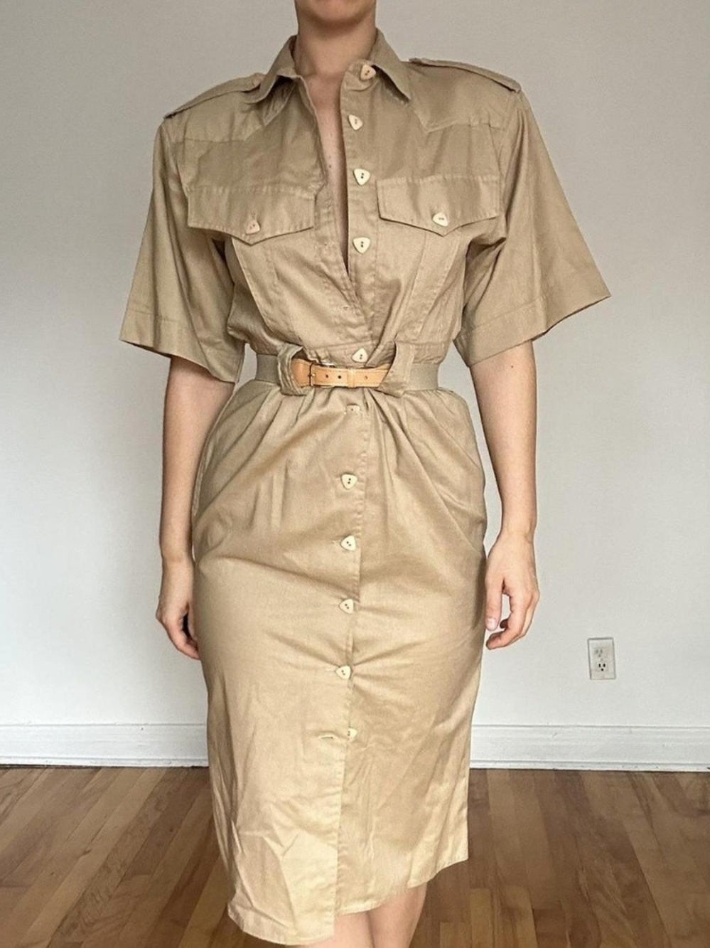Classic Khaki Shirt Dress with Belt